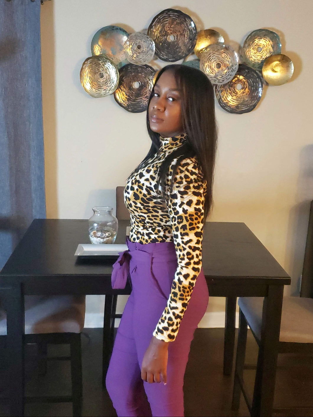 Leopard Print Mock Neck Long Sleeve Top